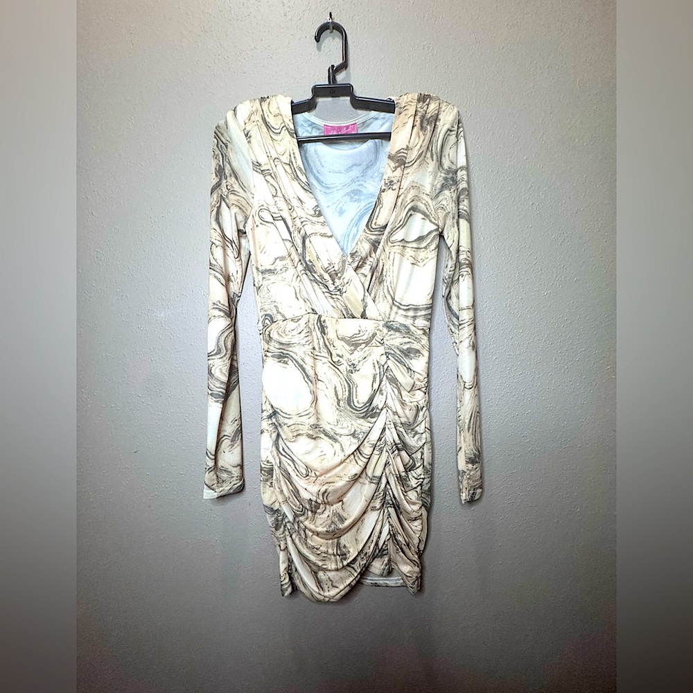 Chic Cream and Brown Long Sleeve Dress